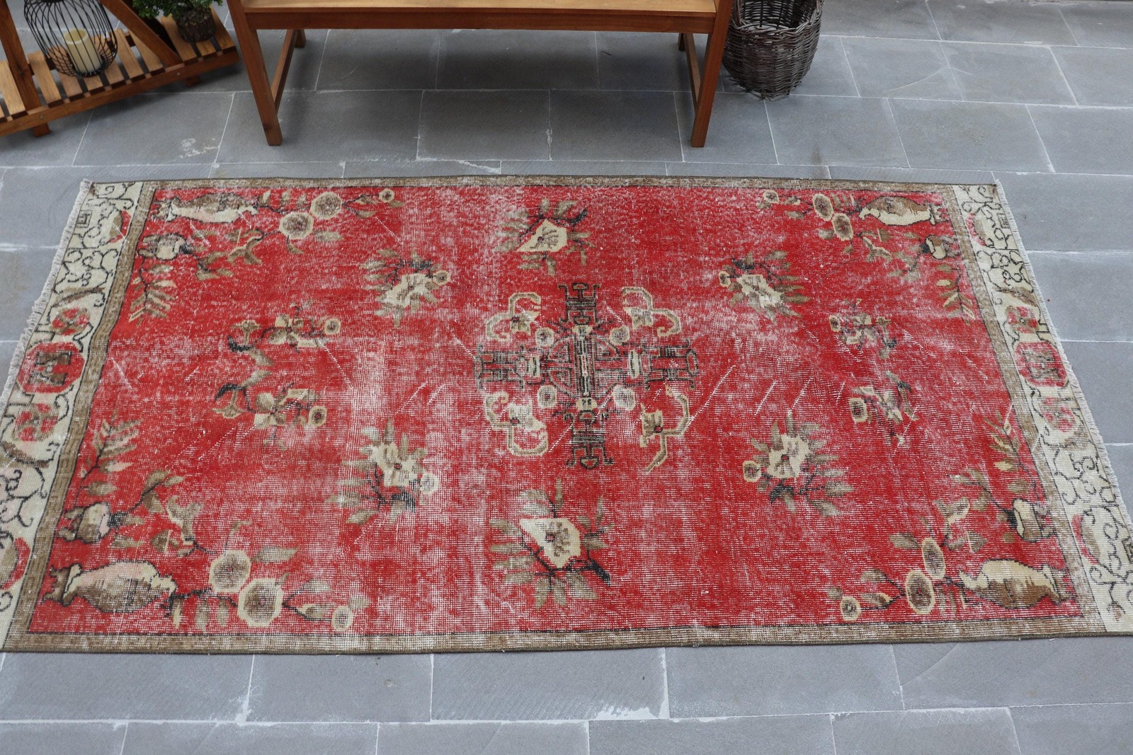 4,3×8,3 ft Rug, Turkish Vintage Rug, Red Moroccan Wool Rug