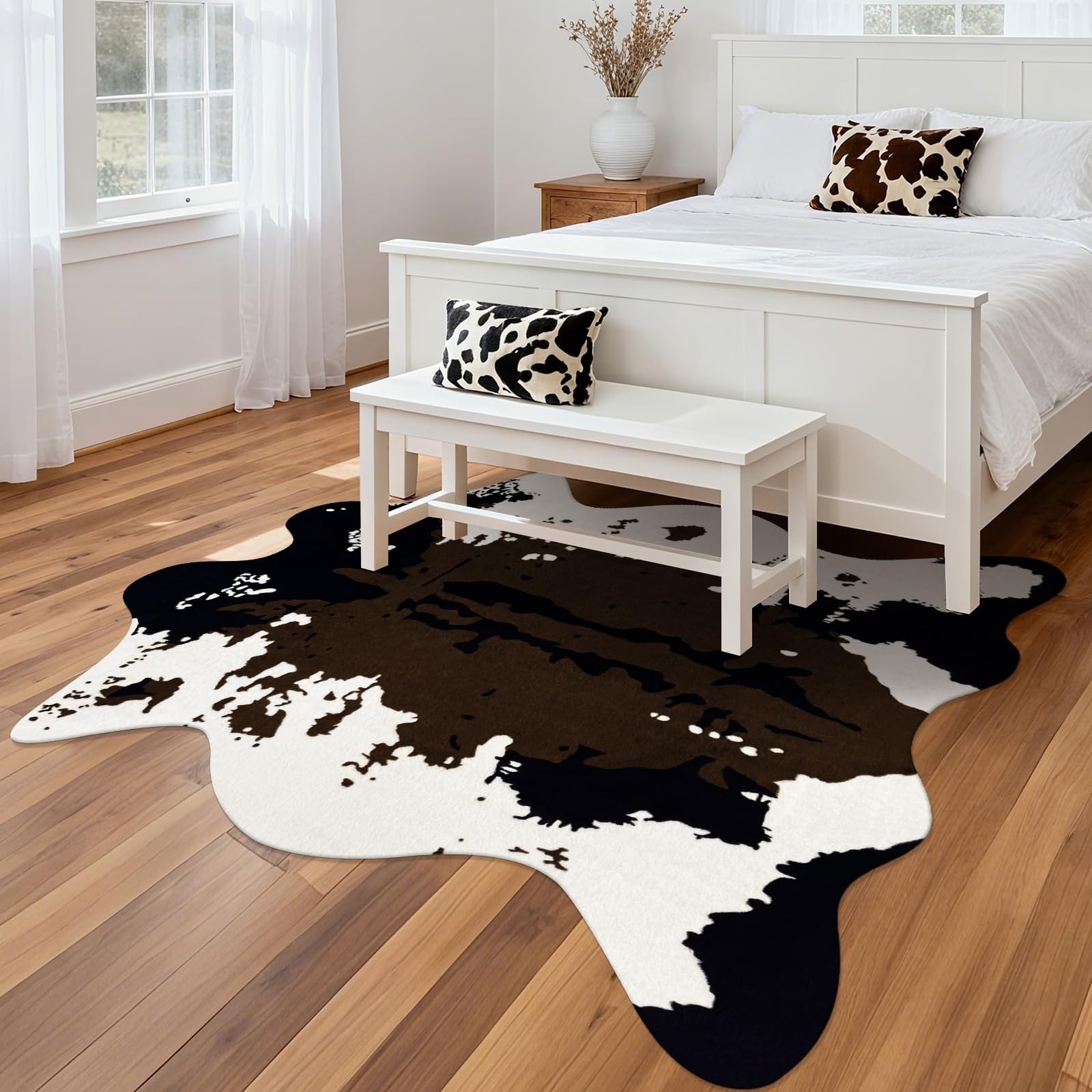 Large Faux Cowhide Rug 4.6×5.2 Ft – Premium Cow Print Area Carpet for Home Decor