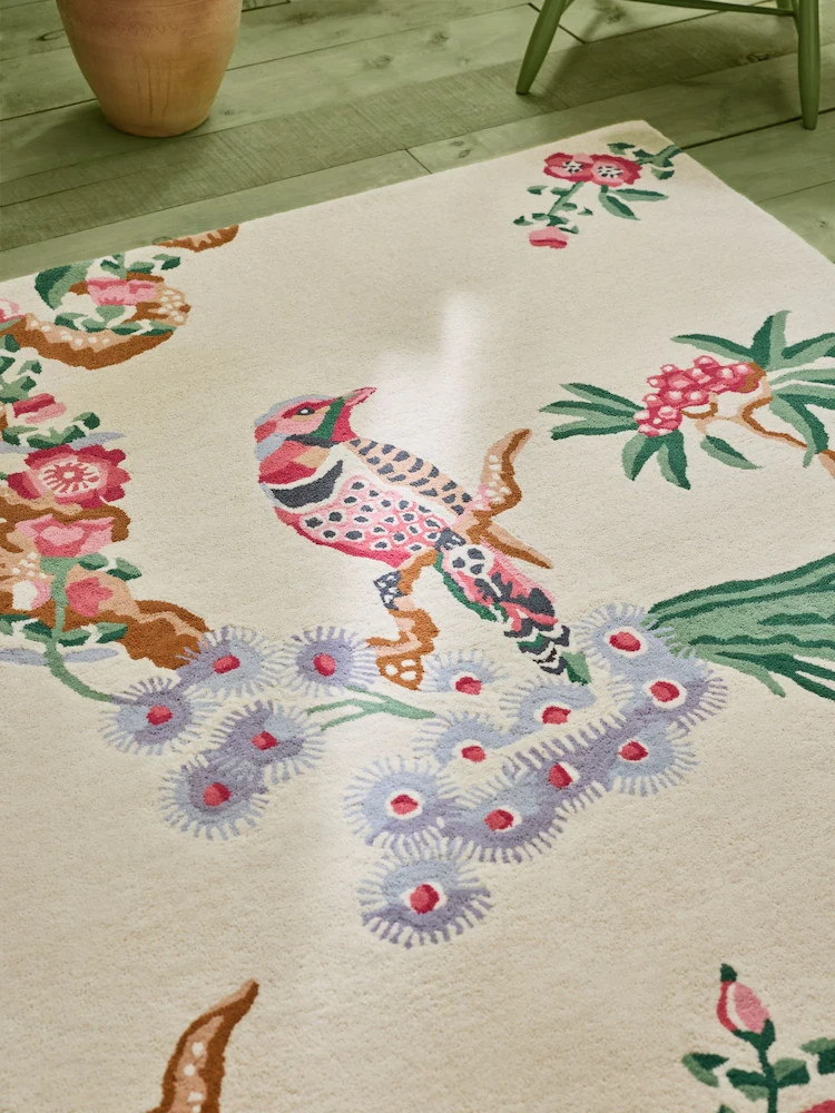 Chinoiserie Ivory Bird and Branch Botanical Handmade Area Rug 8×10 Sitting Room