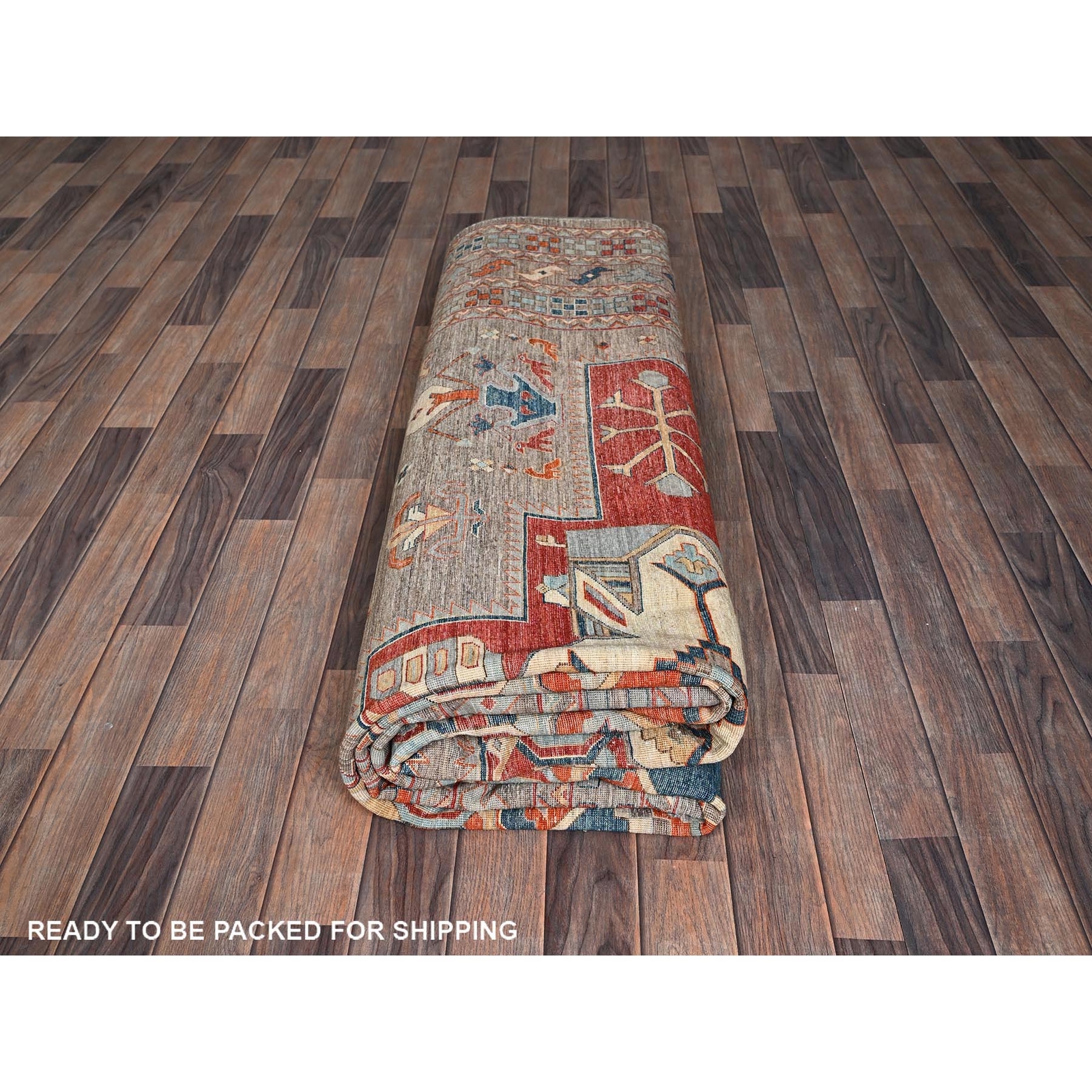 9’1″x11’6″ Taupe Armenian Inspired Caucasian Design Wool Hand Knotted Rug R1143