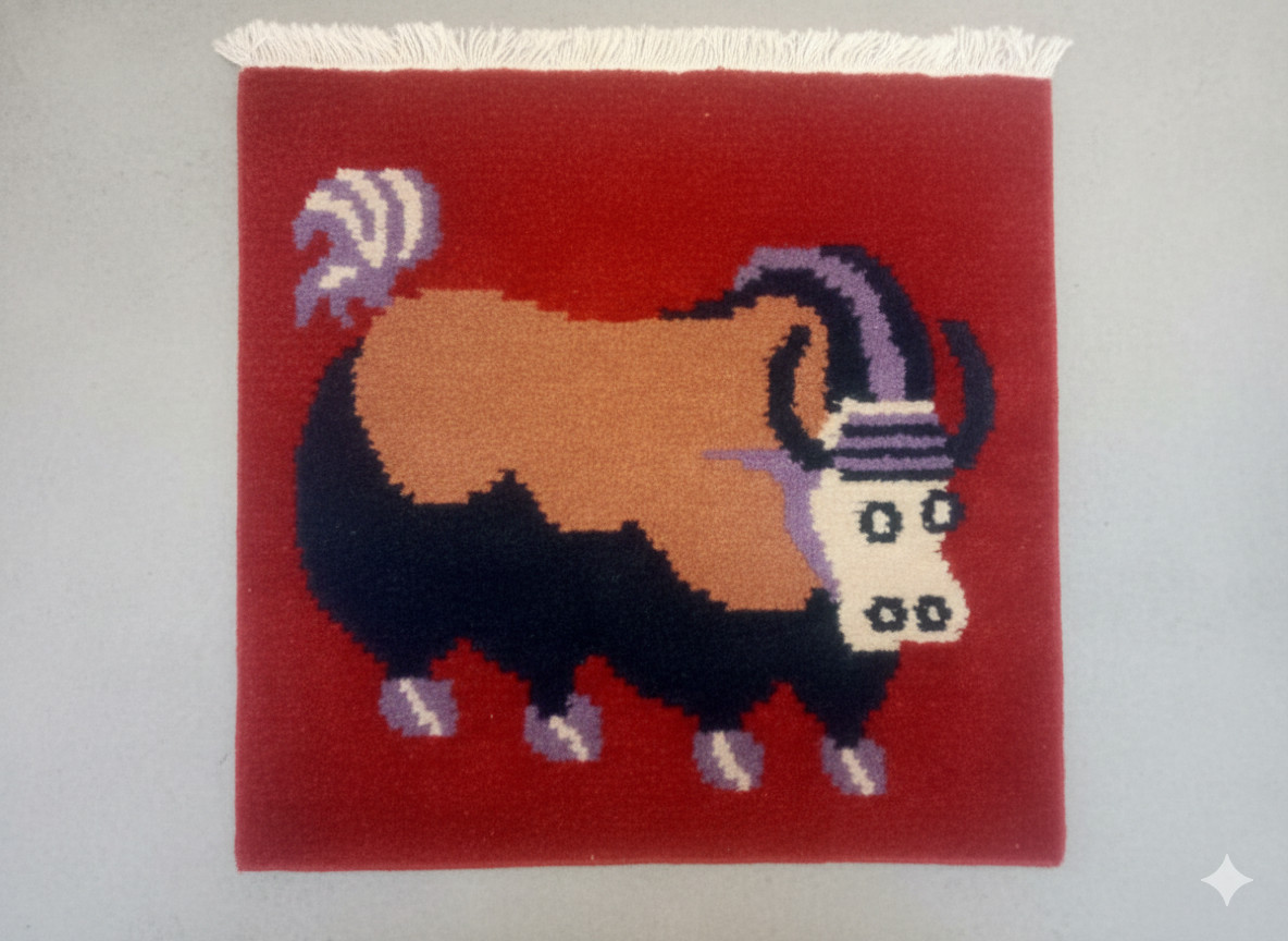 Handknotted Nepali Wool Rug Red Yak Design 42x45cm 60-Knot Seat Mat Yoga Decor