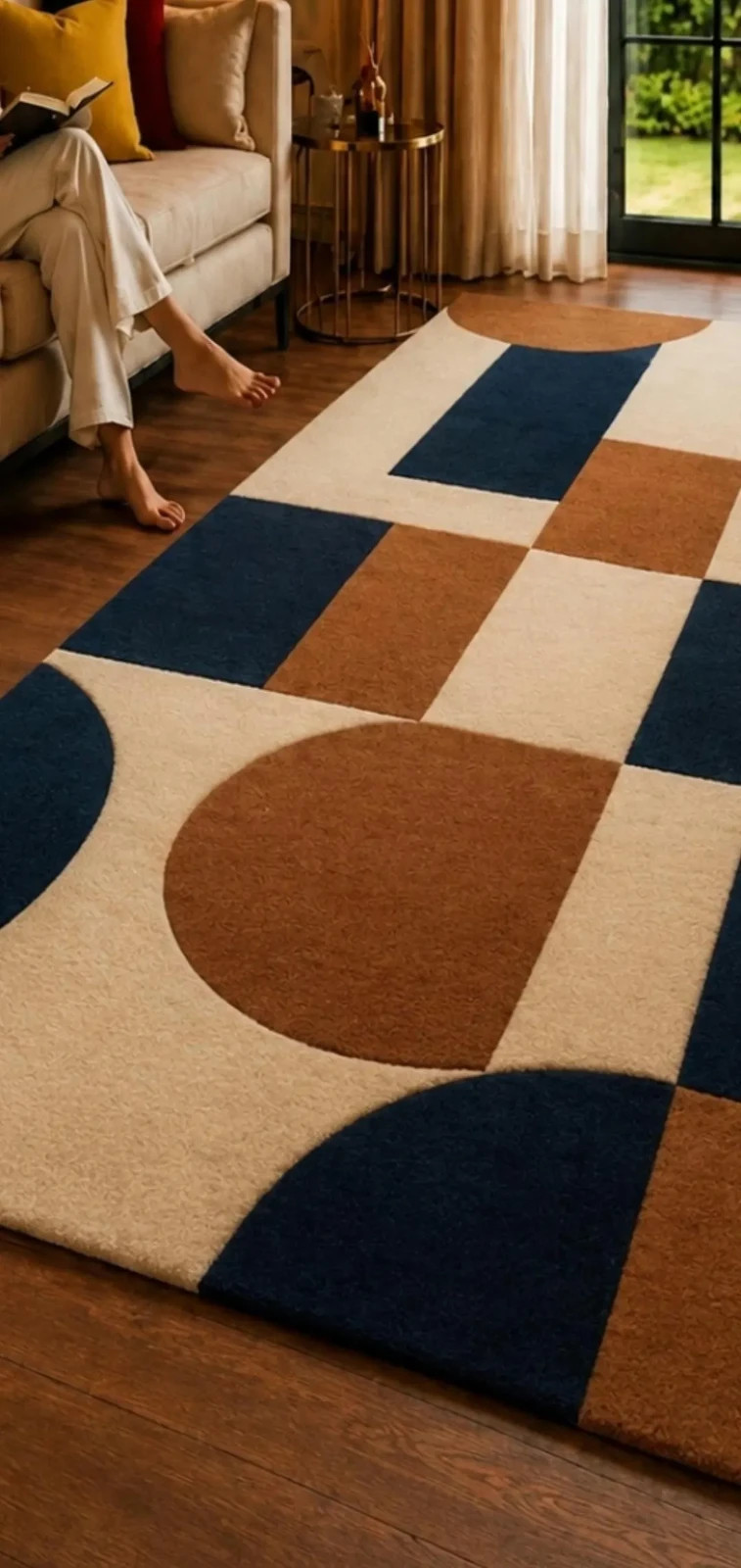 Hand Tufted Geometric Wool Rug: Modern Abstract Navy Blue Beige Area Carpet