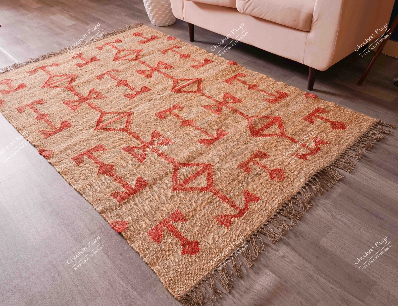 Handwoven Cotton Jute Rug Beige Rug With Red Design Rug Bohemian Home Décor Rug