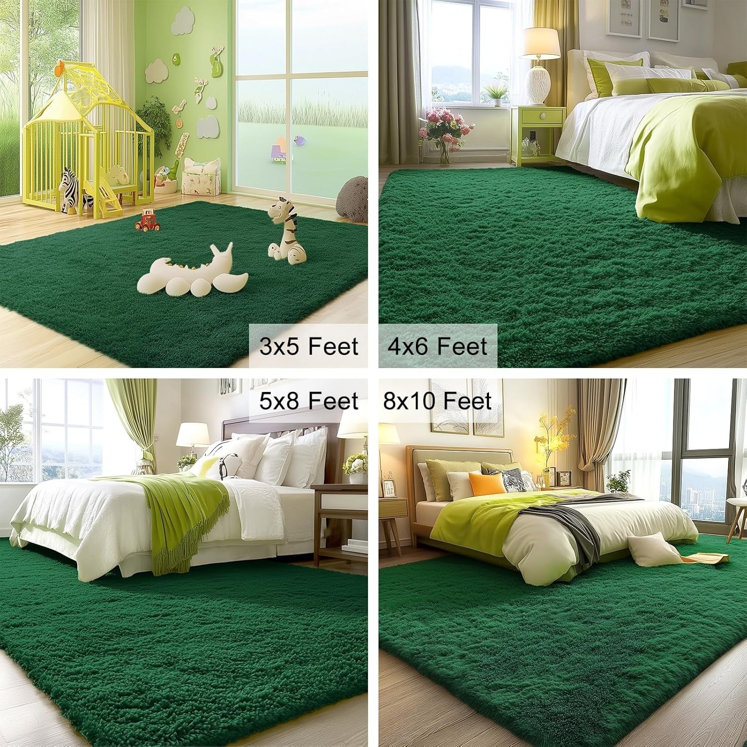 Fluffy Area Rugs Large Dark Green Shaggy Carpet for Living Room & Bedroom Floor