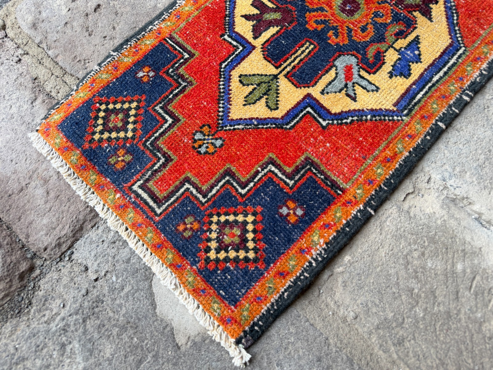 Vintage Turkish Rug 1.7×3.4 ft Red Navy Blue Small Boho Tribal Area Rug