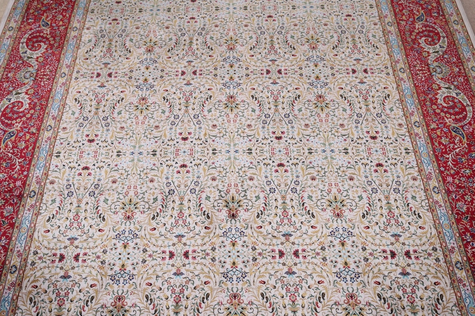 90% Silk Floral Ivory/ Burgundy Traditional Turkish Rug Oriental Carpet 5’x8′