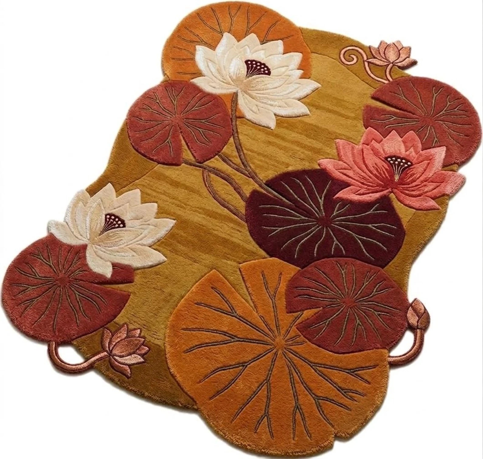 Luxury Lotus Rug Orange Pink Shaped Hand Tufted Wool Floral Living Room Carpet
