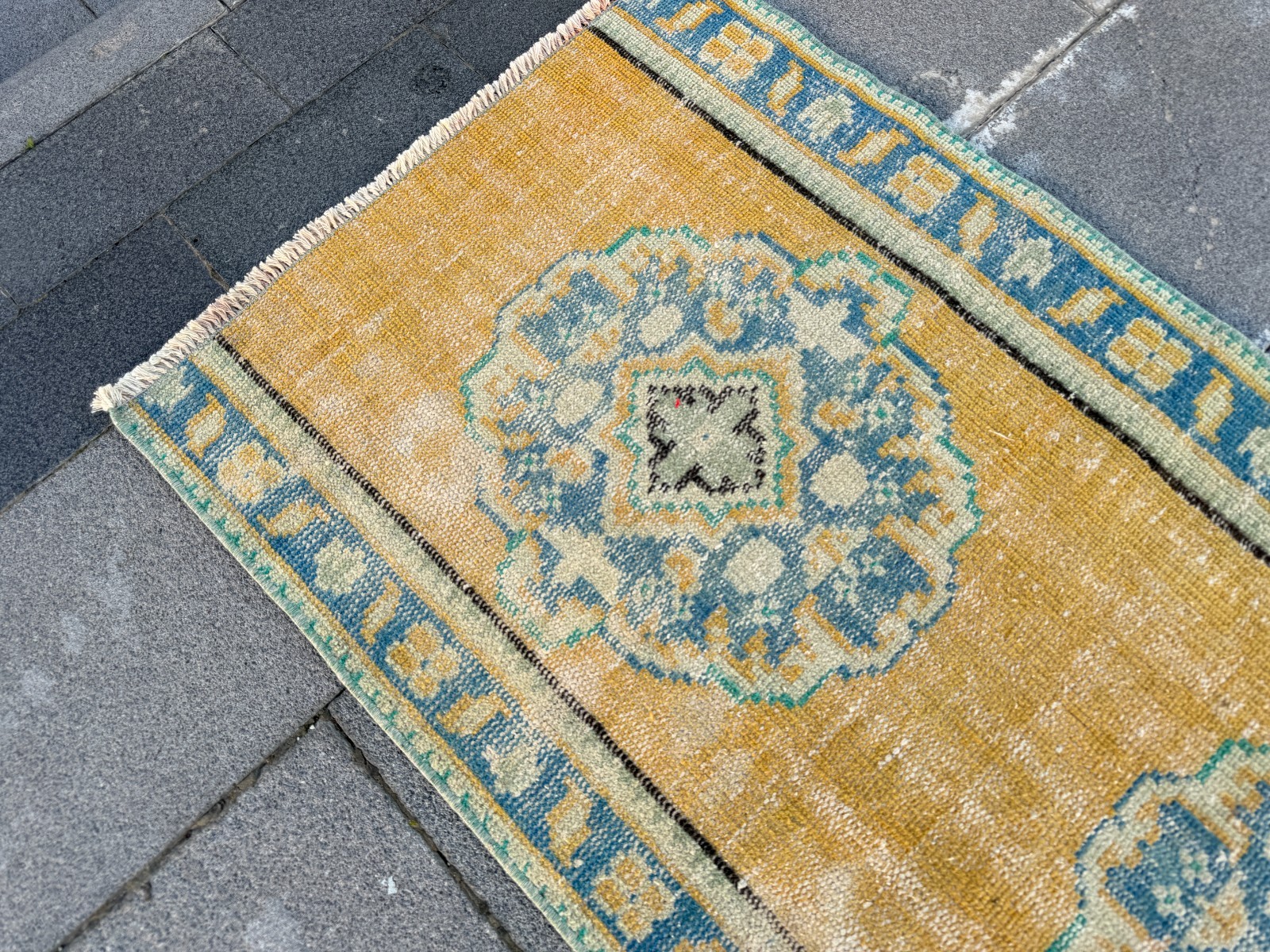 Small Vintage Turkish Oushak Rug 2.2×4.2 ft Yellow Door Mat Kitchen Rug