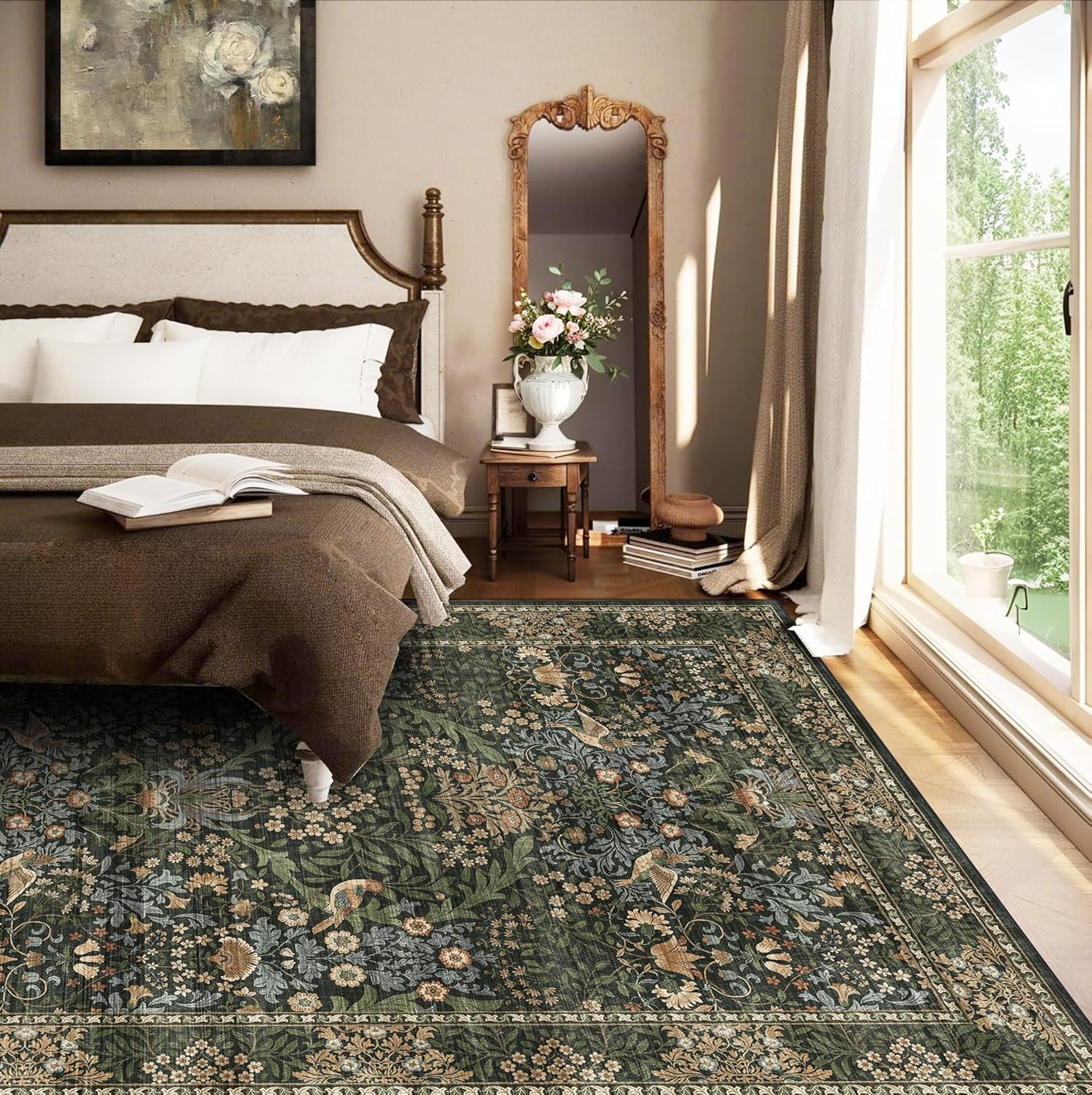Vintage Boho Floral Washable Area Rug for Living Room & Bedroom, Non-Slip