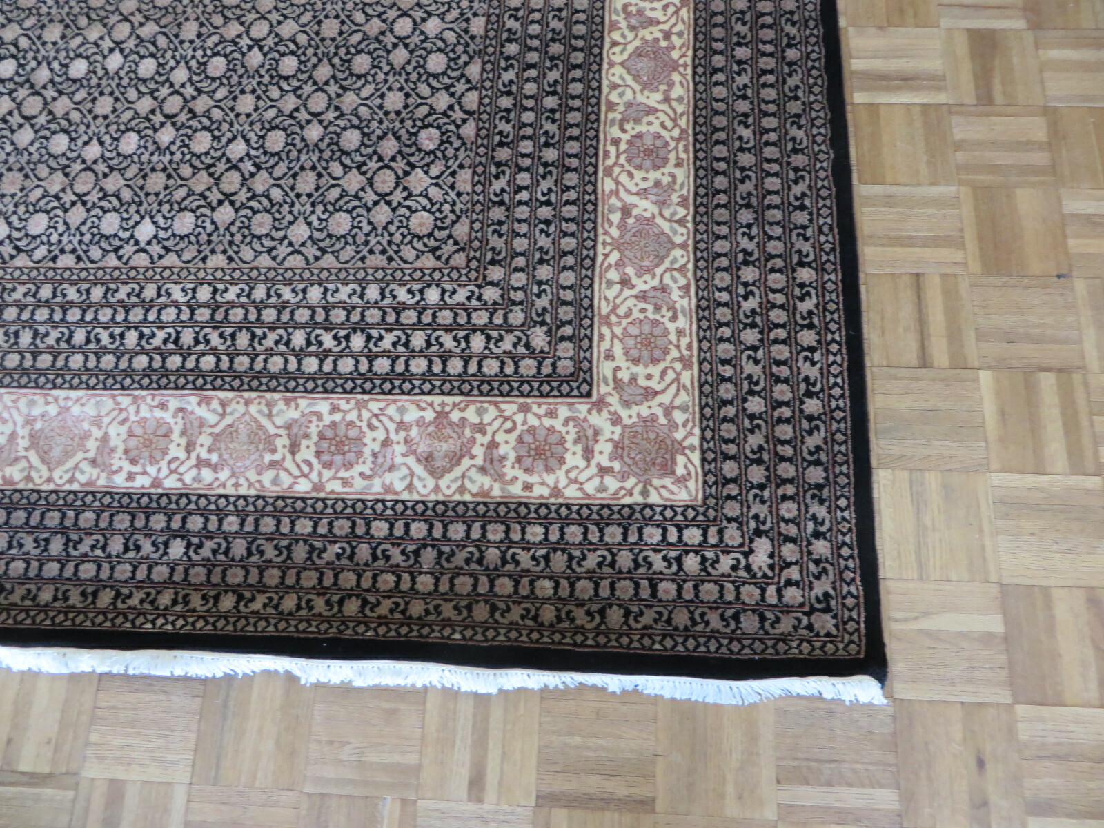 11’8 x 14’9 Hand Knotted Black Fine Herati Tabrez Oriental Rug With Silk G8792