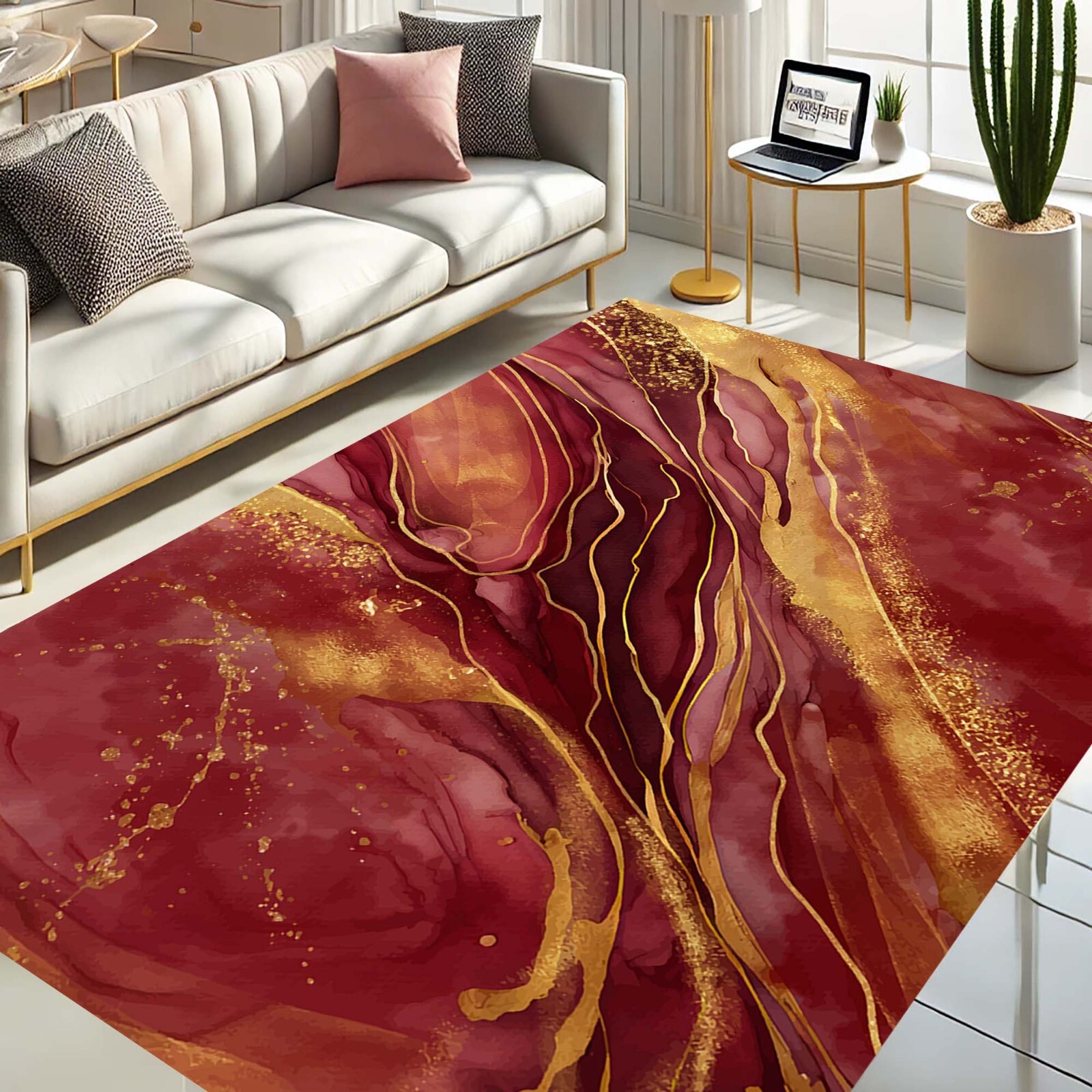 Luxurious Rug, Marble Effect Carpet, Wine Red and Gold Design, Glamorous Interio