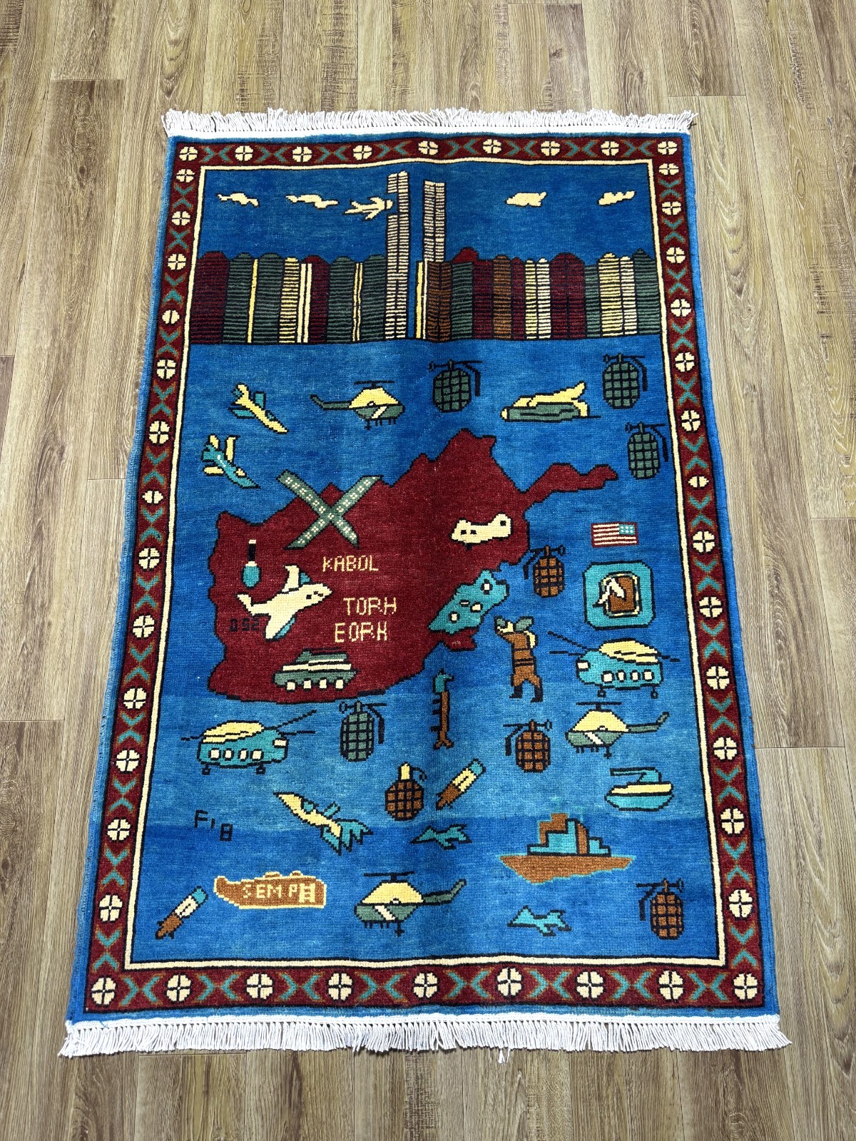 2×4 Afghan War Rug Handmade Wool Map Tanks Aircraft Grenades Pictorial Carpet