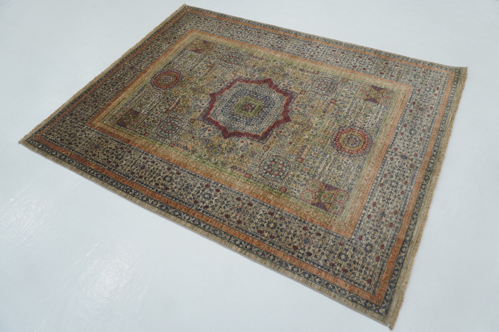 5×7 ft Beige Mamluk Afghan Hand Knotted Wool Medallion Rug