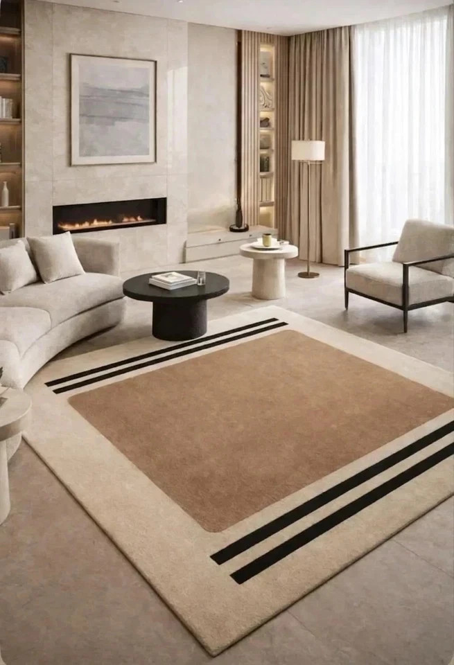 Hand Tufted Wool Rug, Beige Black Line Minimalist Scandinavian Area Carpet Rug