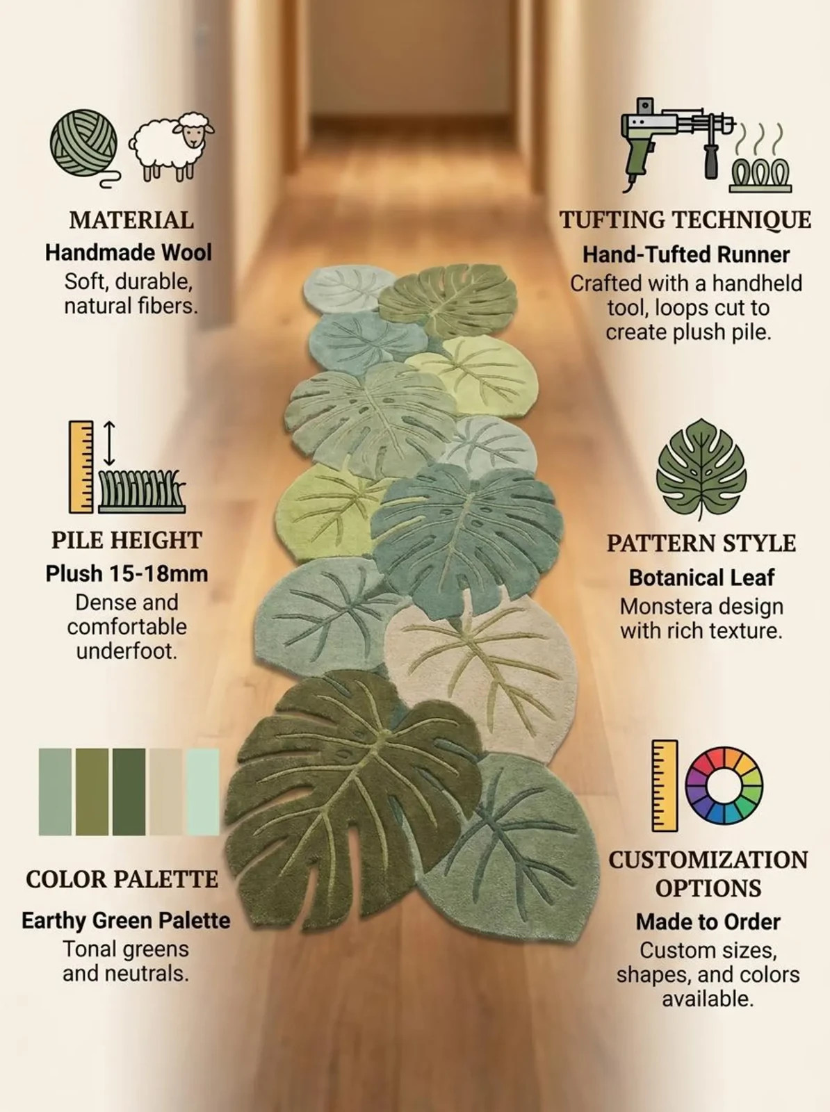 Hand Tufted Leaf Runner Rug, Botanical Hallway Carpet, Monstera Tropical Runner
