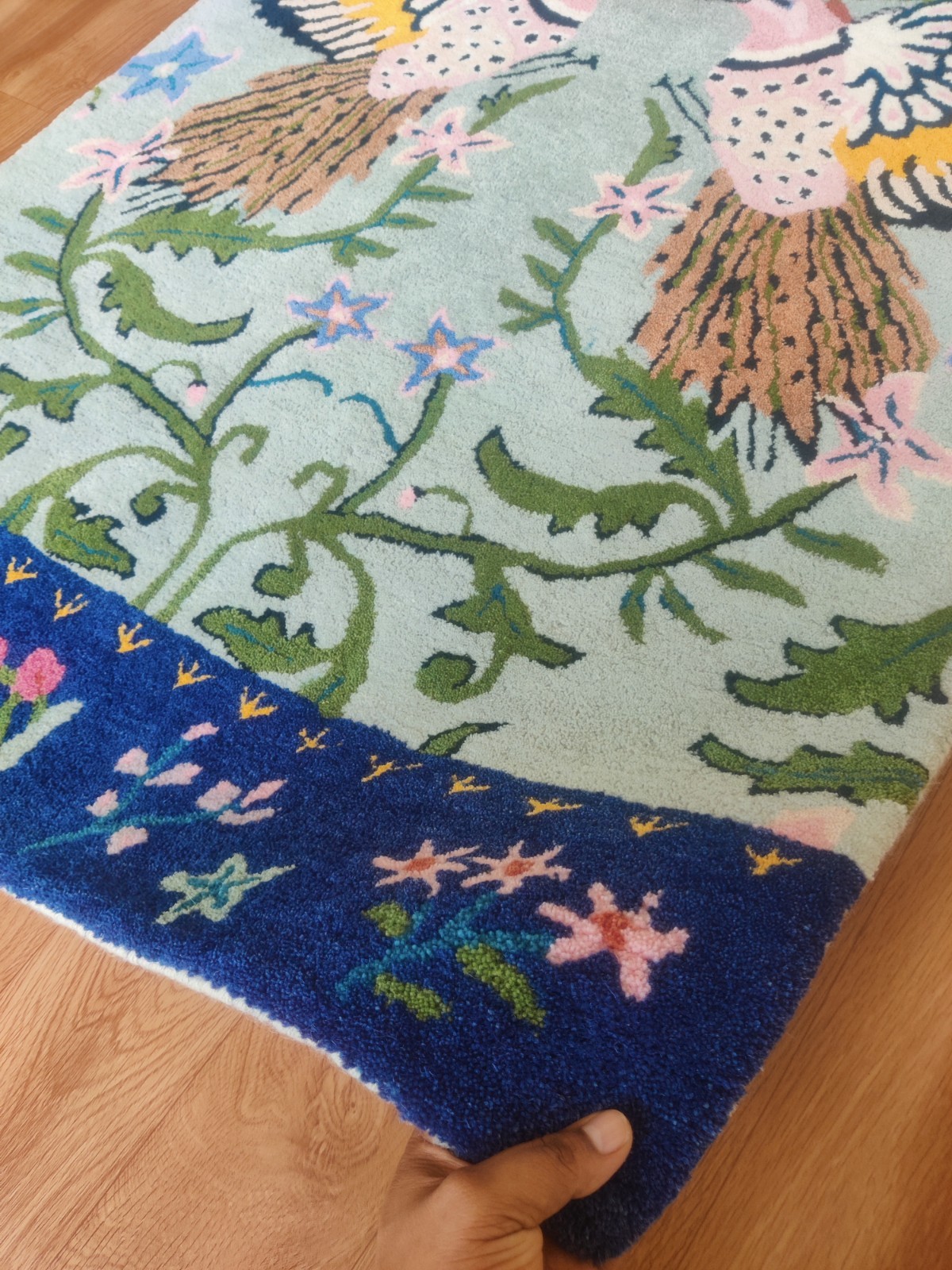 Modern Bird Blue -Green Rug Nature Theme Colorful Hand Tufted woolen Home Decor