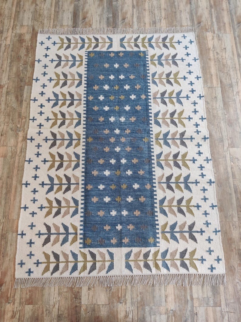 Handmade Wool Area Boho Rug Vintage Kilim Modern Carpet Blue/White Living Room