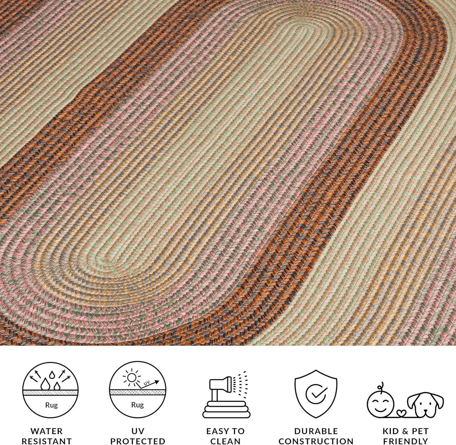 Washable Braided Outdoor Rug 8′ x 10′ Oval – Dark Brown & Light Green