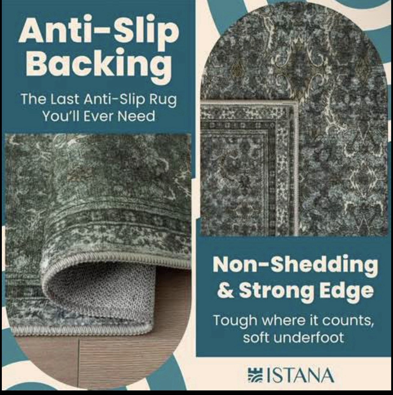 ISTANA Washable Non-Slip Green/Gray Floral Area Rug Microfiber 8×10 Rectangle