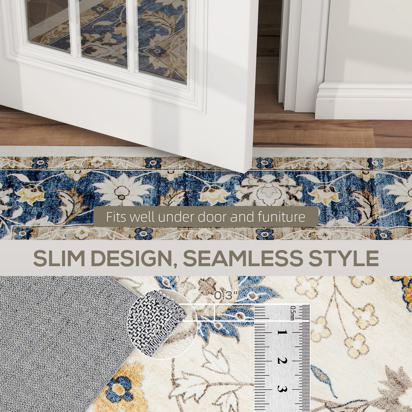 HOMCOM Machine Washable Area Rug 8×10, Boho Floral Print Carpet, Blue