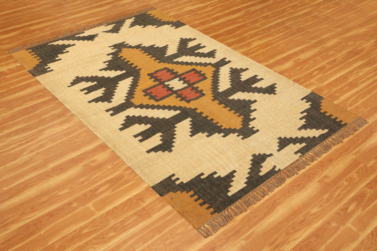 Large Wool Jute Area Rug 5×8 Kilim Rug – Beige Yellow Natural Wool Jute Hand