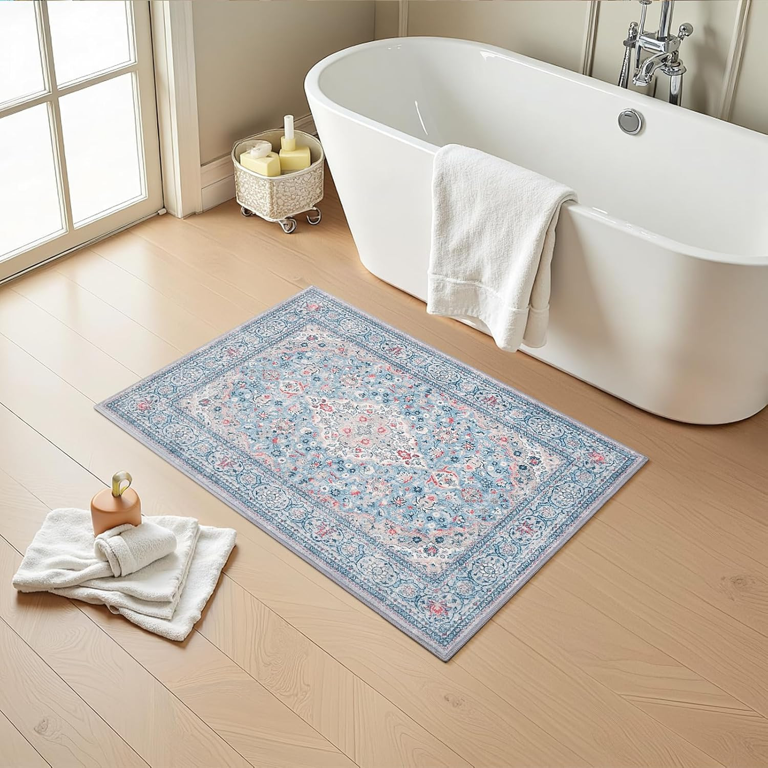 Blue Small Washable Area Rug, 2×3 Boho Vintage Entryway Rugs, Soft Non Slip Flor