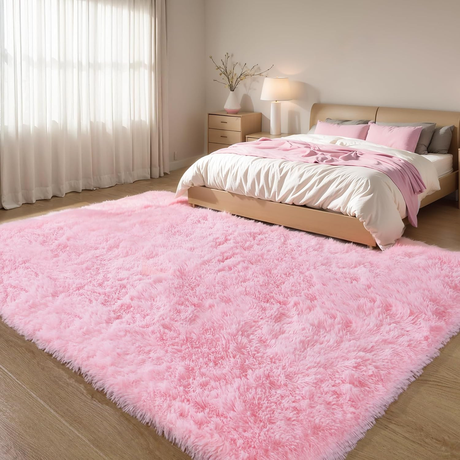 Pink Fluffy 4×6 Area Rug Washable Shag Carpet Non Slip Bedroom Kids Room