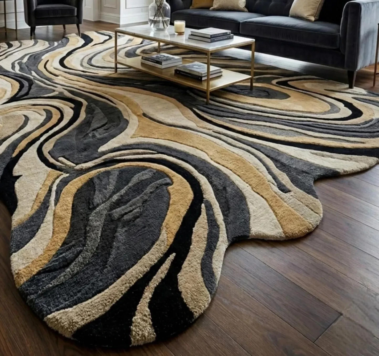Hand Tufted Luxury Abstract Rug, Black Gold Irregular Wool Area Rug, Modern Area