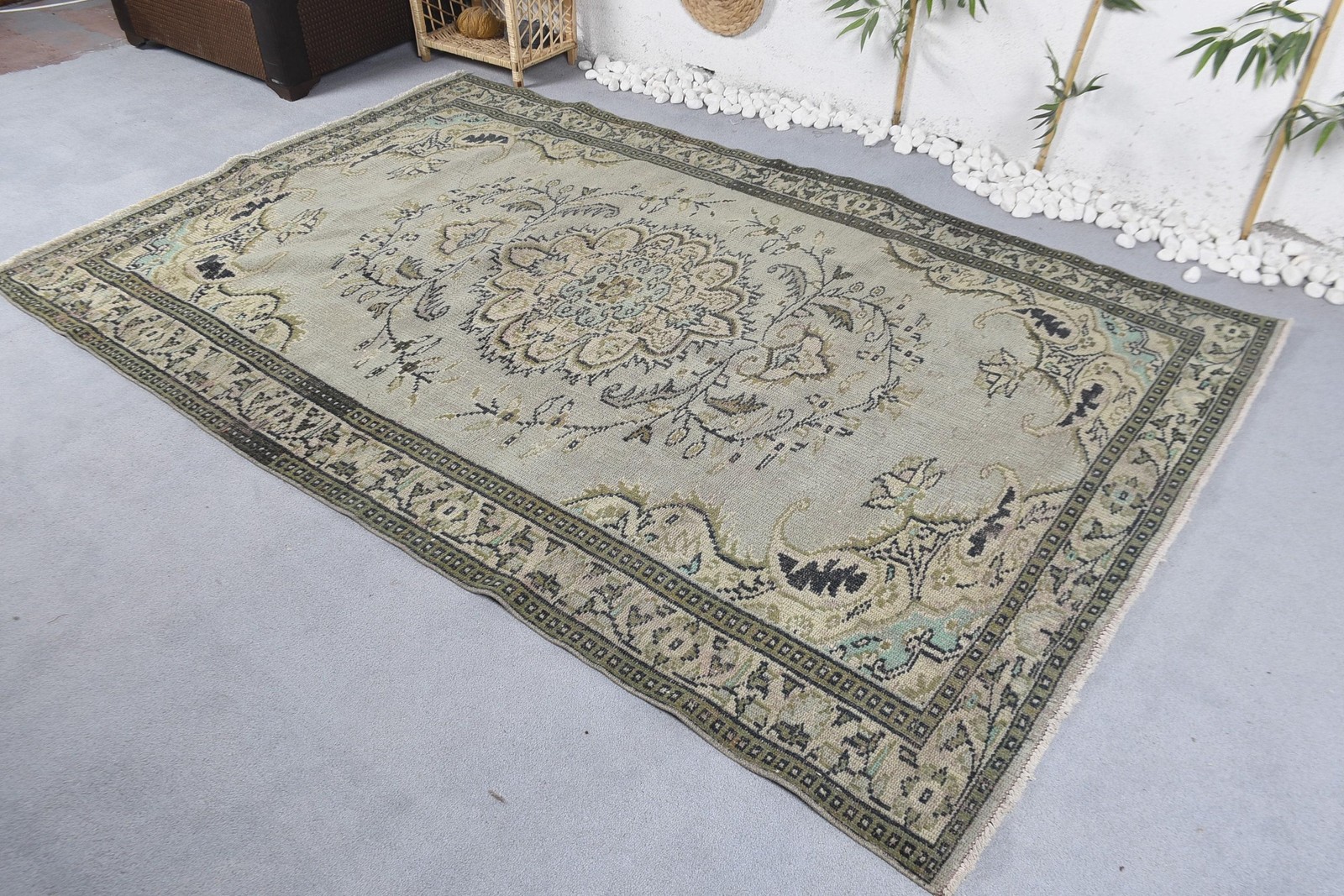 5,4×8,7 ft Turkish Rug, Vintage Large Rug, Beige Blue Solid Wool Rug
