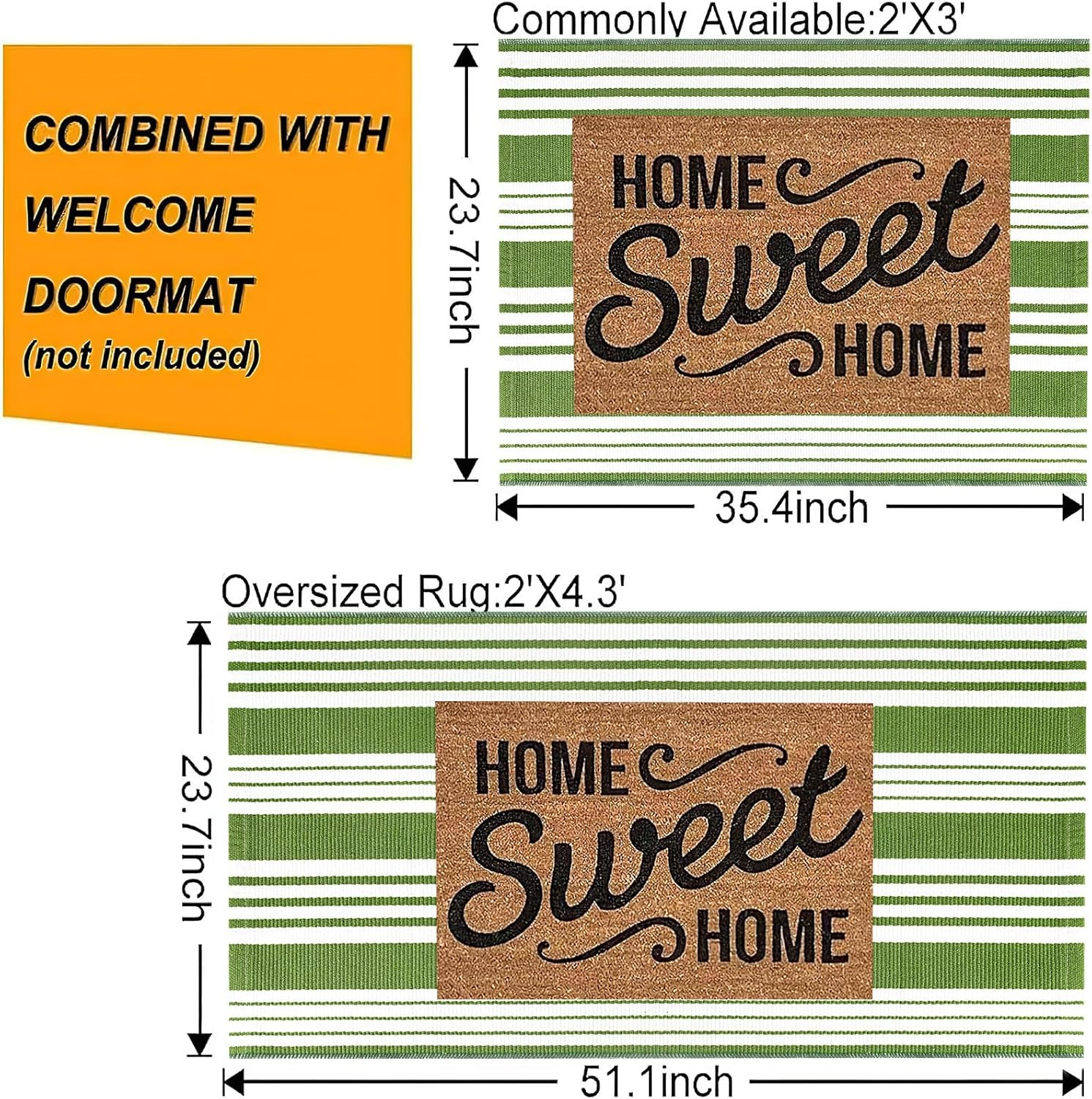 Green and White Striped Outdoor Rug 24” X 51” Front Porch Rug Hand-Woven Machi