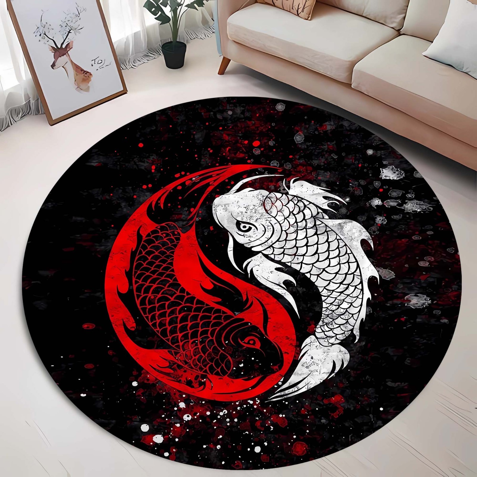 Yin Yang Koi Fish Rug, Japanese Koi Carp Carpet, Zen Round Floor Mat, Feng Shui