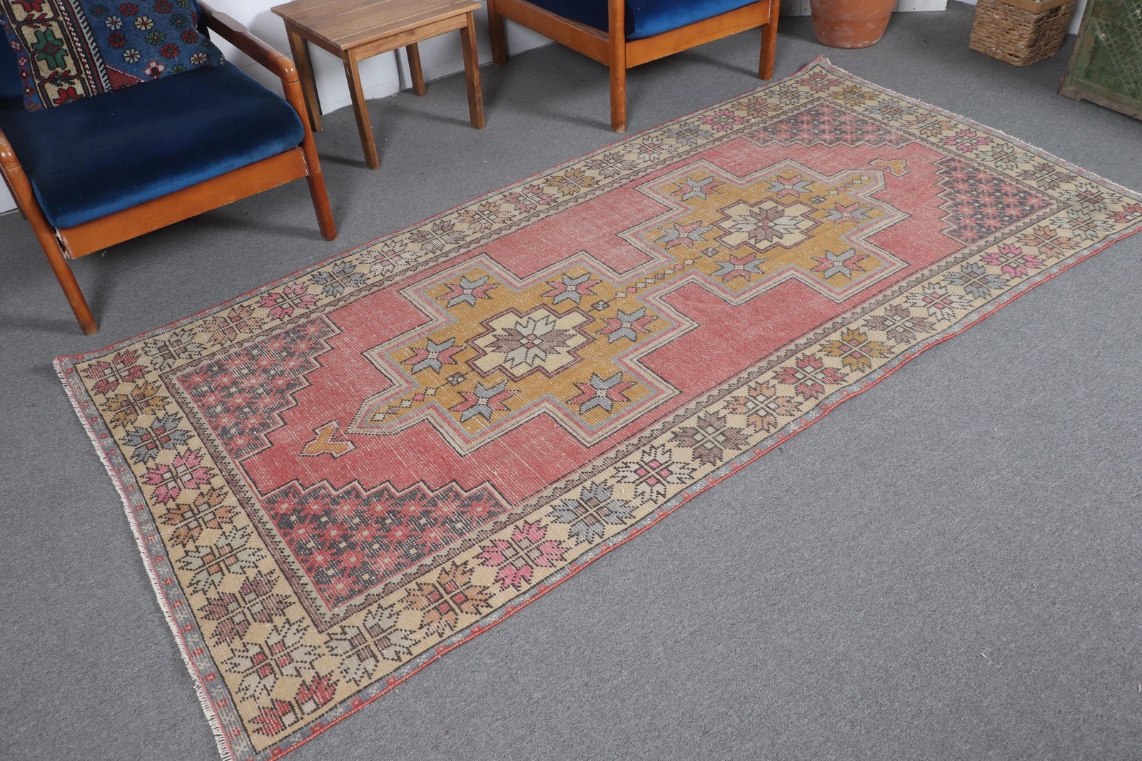 Vintage Turkish Rug Rug 4×8,5 ft (123×260 cm), Red Floral Wool Rug