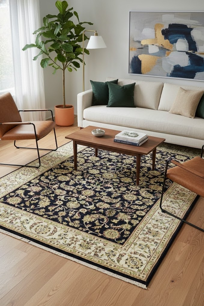 Dark Navy Floral Design Hand-Knotted 6×9 Indo-Nain Oriental Rug Bedroom Carpet