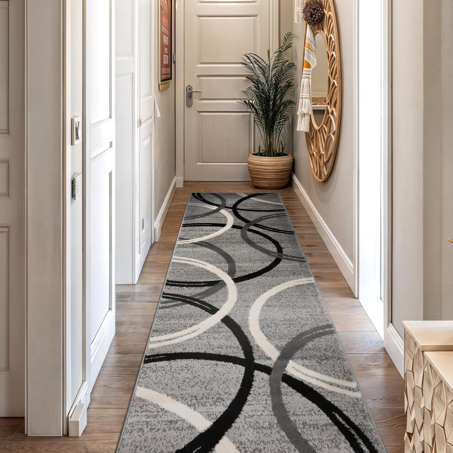 Wavy Circles Design Runner Rug Non-Shedding Carpet for Hallway Kitchen or