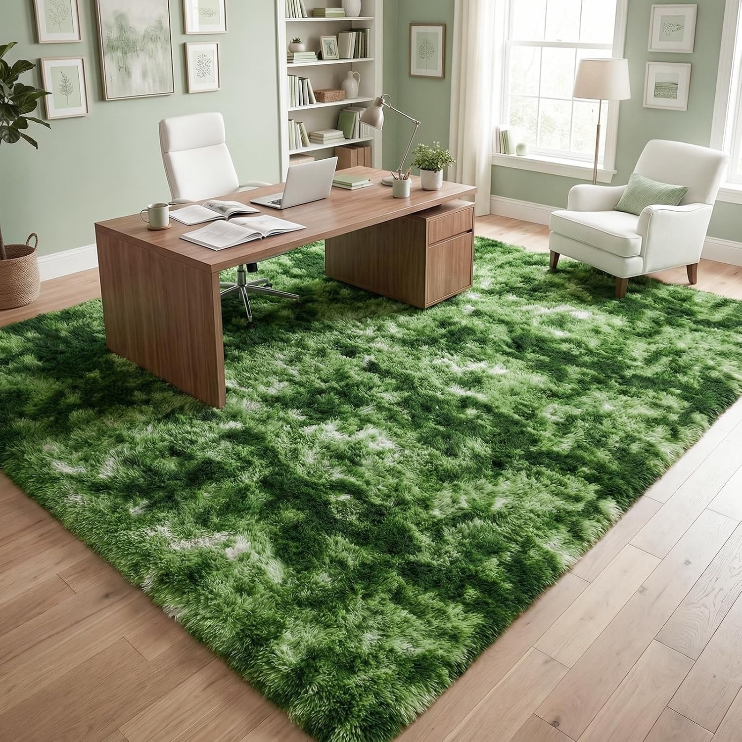 Fluffy High-Pile 4×6 ft Dark Green Rug – Modern Tie-Dye Design, Machine Washable