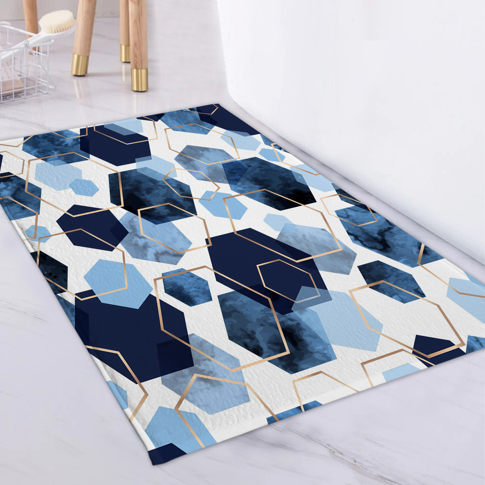 Gold Geometric Blue Abstract Marble Bath Mat for Bathroom Mat Bath Rug Doormat