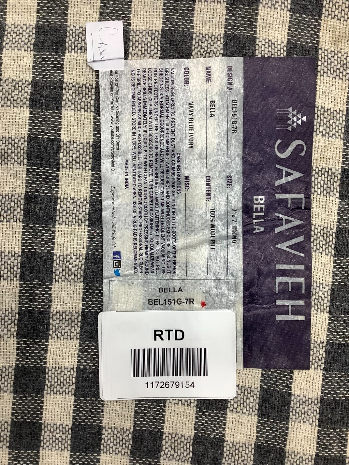 NAVY BLUE / IVORY 7′-0″ x 7′-0″ Flaw in Rug, Reduced Price 1172679154 BEL151G-7R