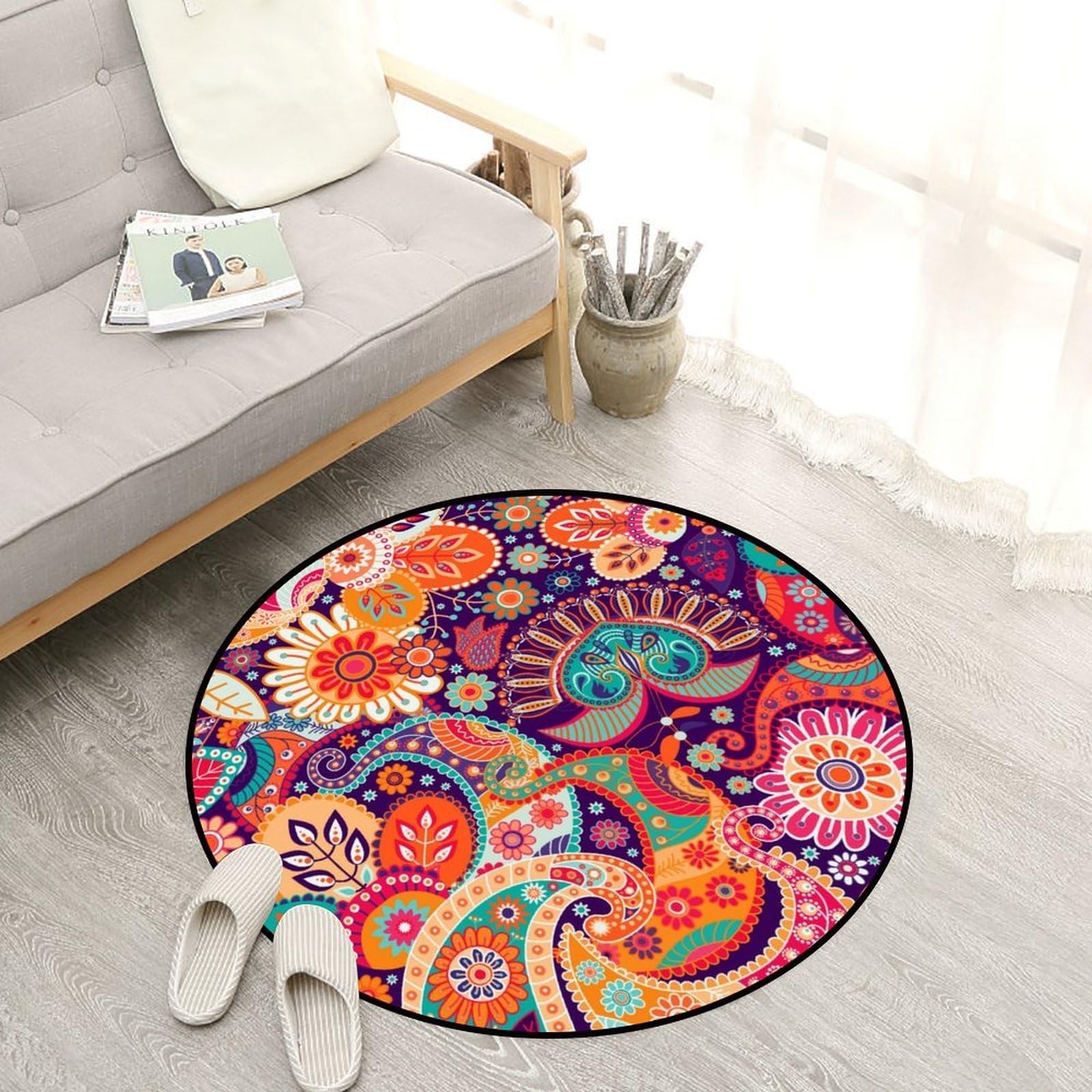 Round Rugs, 2ft, Boho Paisley Floral Washable Non Slip Round Area Rug, Medium…