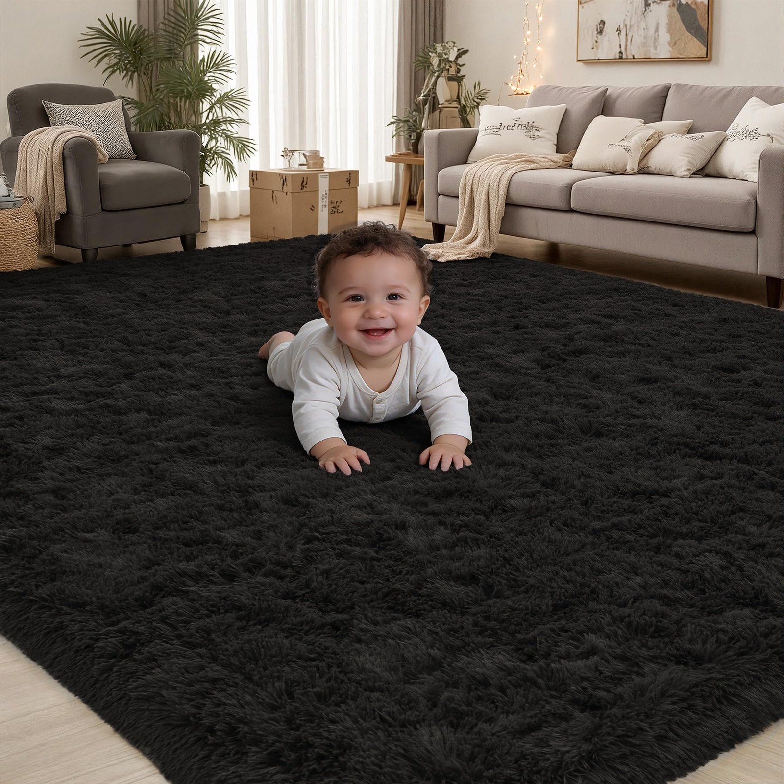 New Area Rug for Living Room Bedroom 5×7 Black Soft Fluffy Shag Upgrade Non-Slip