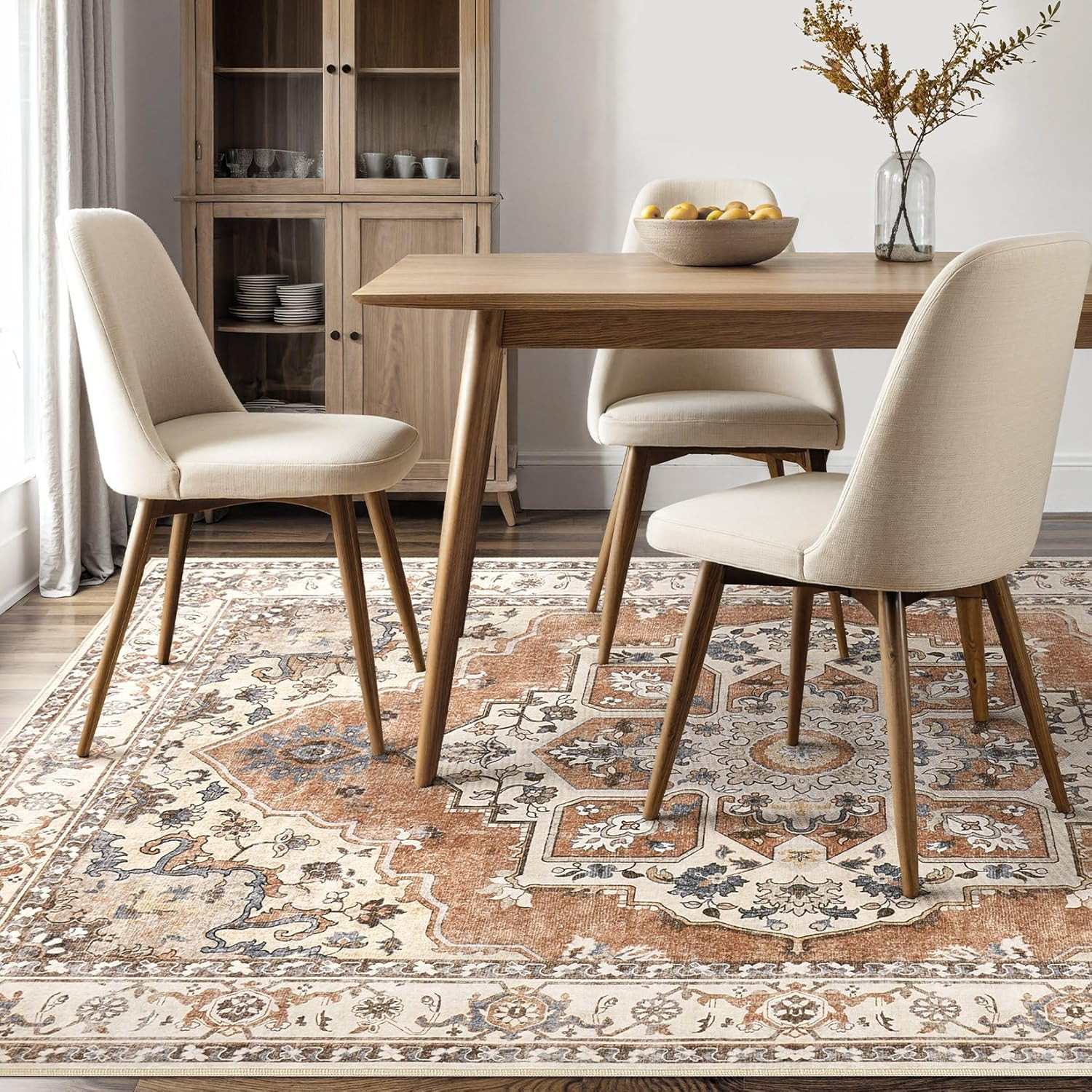 9X12 Washable Area Rug: Vintage Neutral Soft Non Slip Thin Large Floor Carpet fo