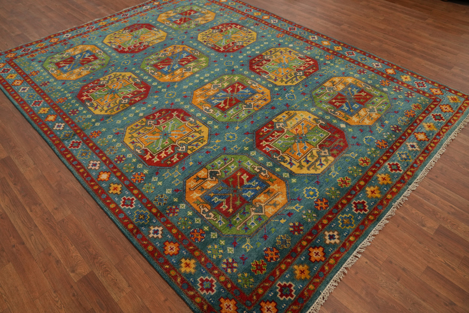 Handmade Green / Teal Traditional Wool Geometric Kazak Style Area Rug 8×10 Ft