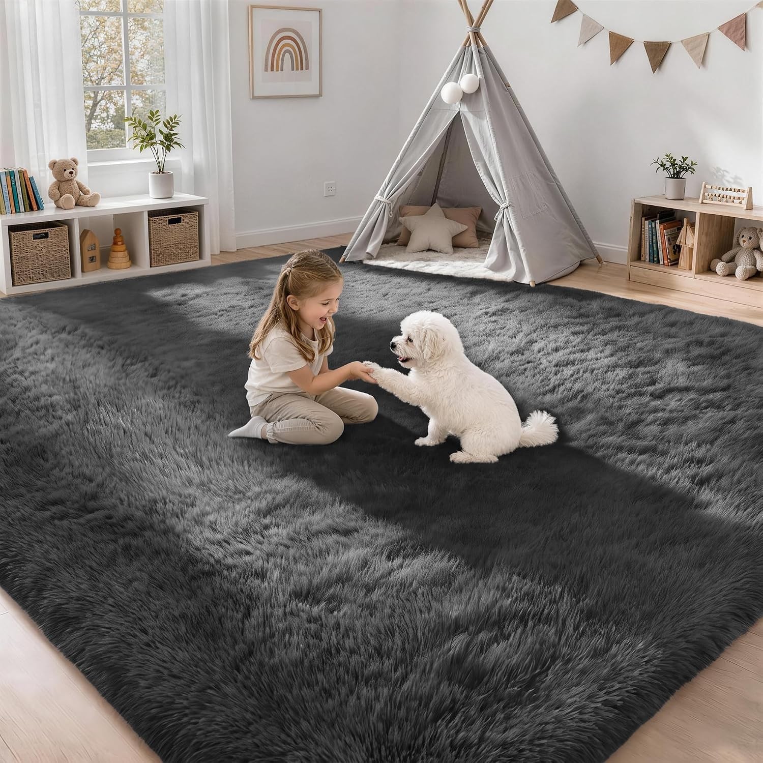 8×10 Area Rugs for Living Room Bedroom Ultra Soft Fluffy Shag Rug Grey | Modern