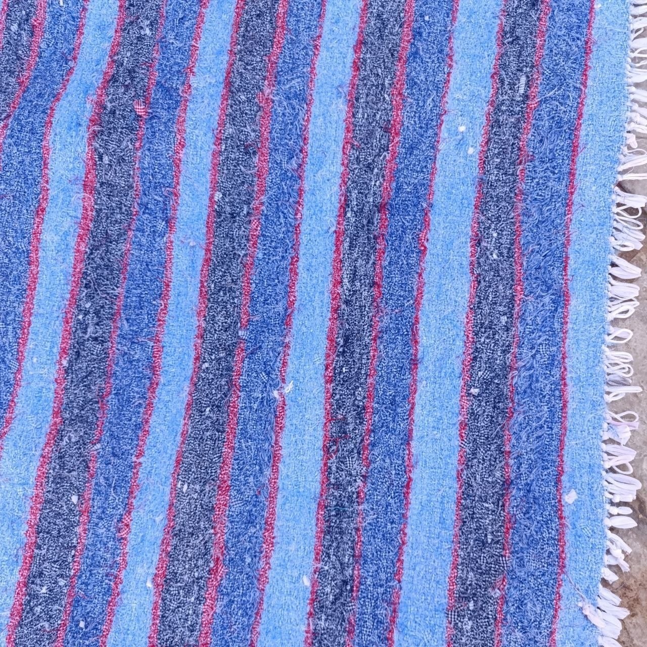 Vintage Algeria saharan Rug Handwoven Berber Blue Striped 79×57 in