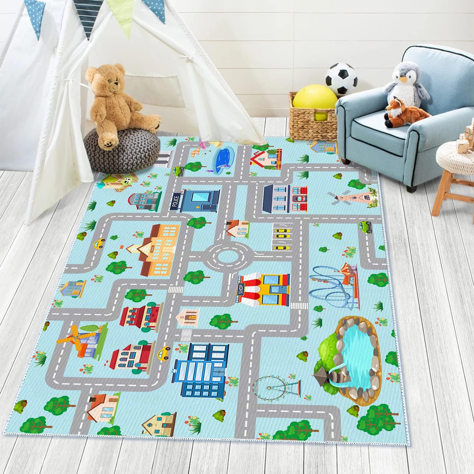 Kids Car Rug, 2′ 7″ x 4′ City Life Road Traffic Game Carpet for Race Cars & T…