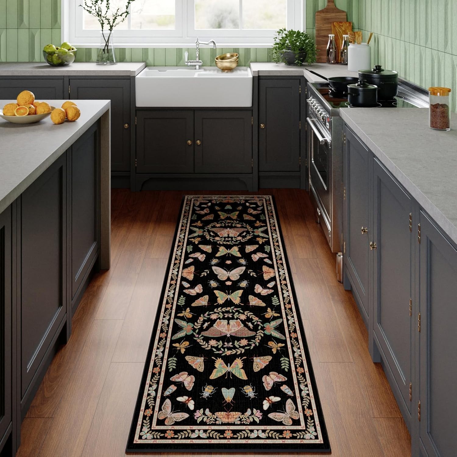 2X6 Black Runner Rug, Washable Non Slip Insect Botanical Rug for Hallway, Kitche