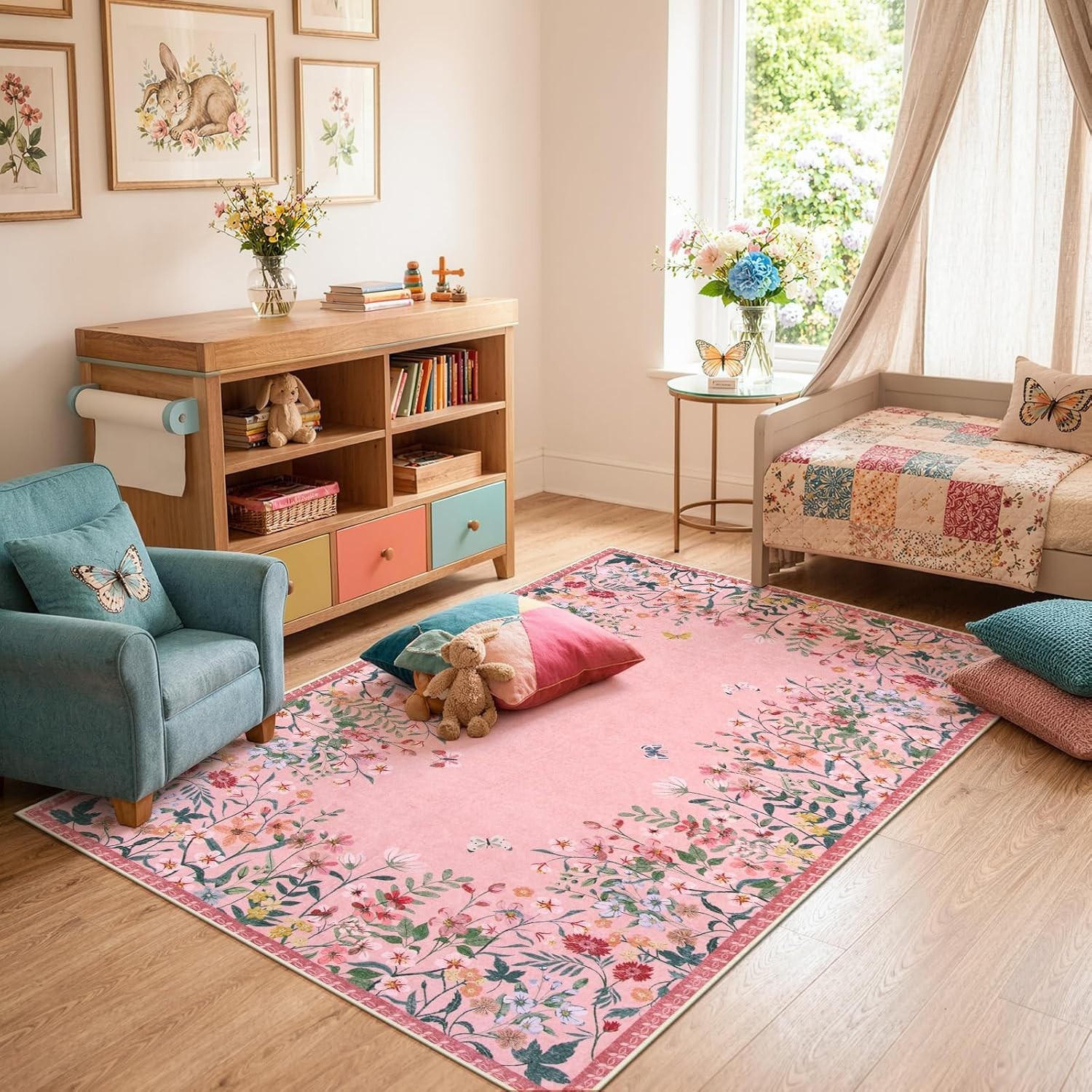 Soft & Stylish 4×6 Pink Floral Area Rug – Ideal for Kids’ Bedrooms & Nurseries