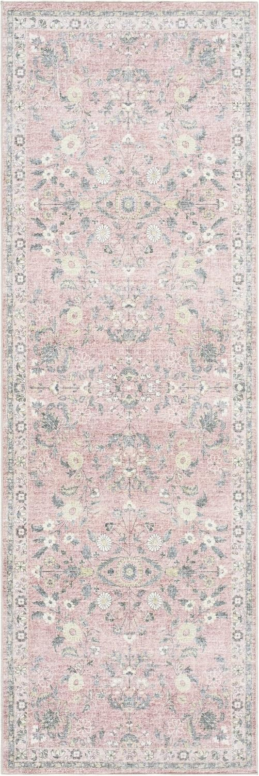 Hauteloom Constantine Machine Washable Area Rug – Floral Border Medallion Distre