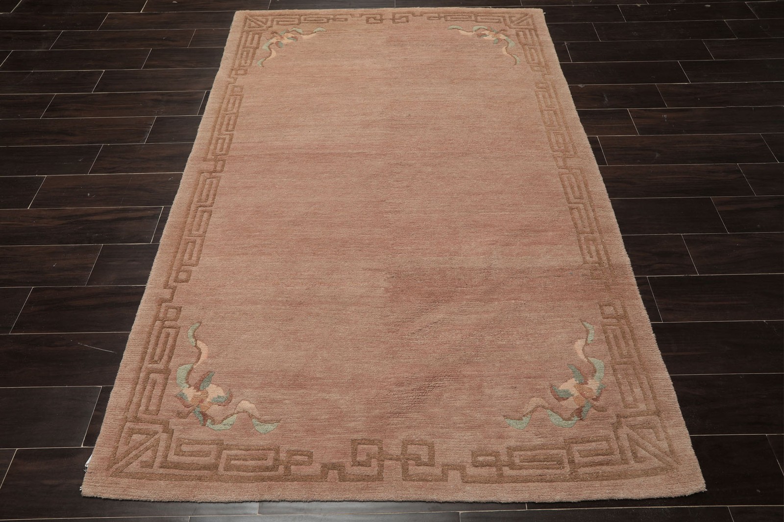 4’8”x6’7” Hand Knotted Wool Taupe Tibetan Traditional Classic Greek Key Rug