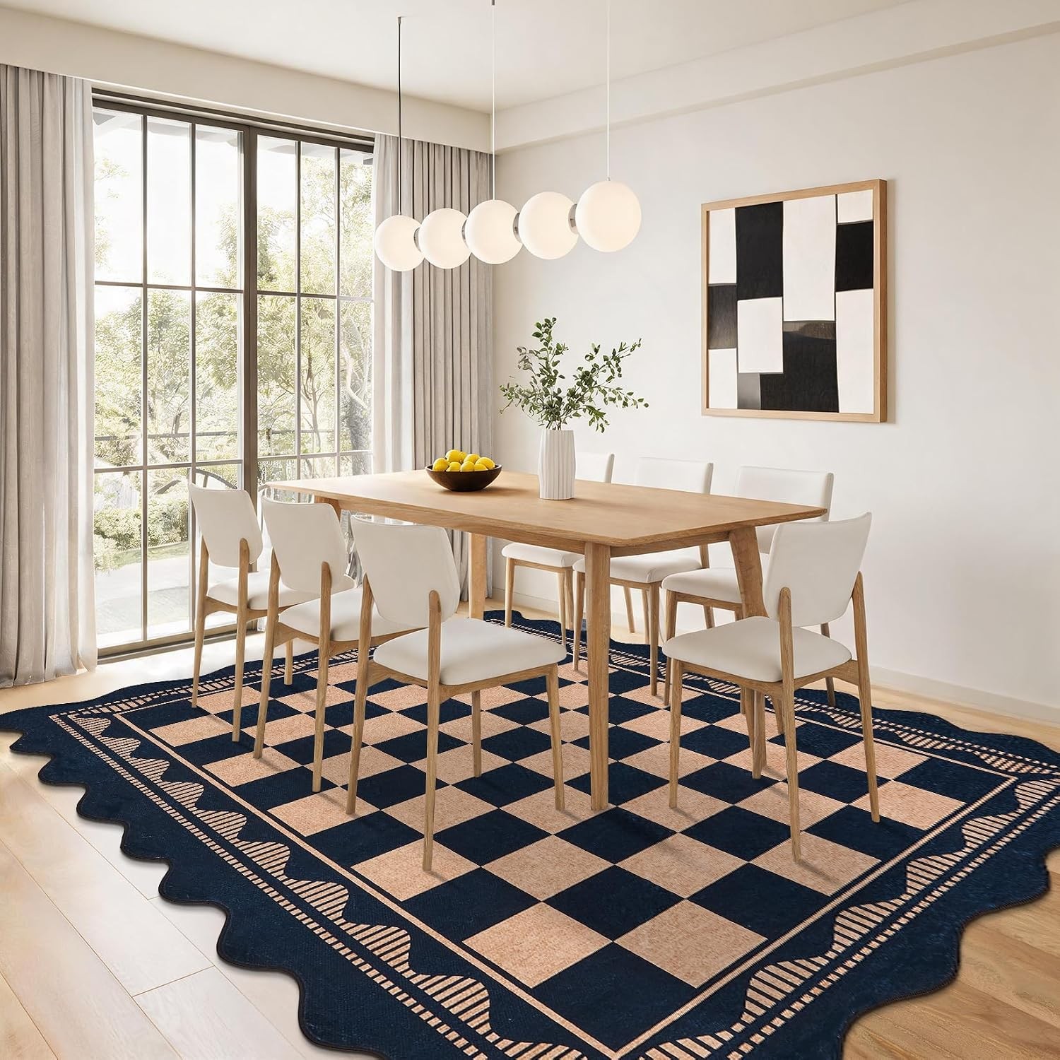 Scalloped Checkered Black Coffee Washable Area Rug Living Dining Bedroom Nursery