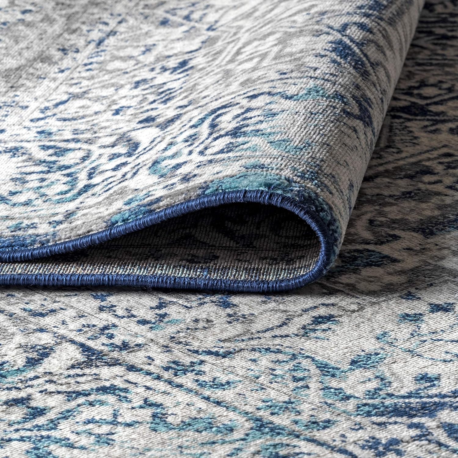 Modern Vintage Navy/Light Gray 9×9 Square Area Rug – Pet Friendly & Easy-Clean